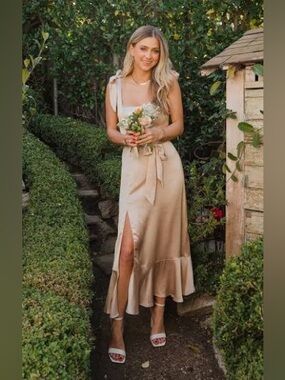 NWT Show Me Your Mumu Claire Midi Dress in Champagne Luxe Satin
